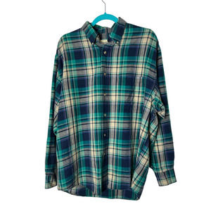 Eddie Bauer Men's Plaid Shirt in Green and Blue Linen Blend Size Medium